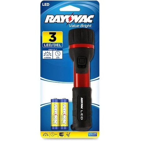 Rayovac GENERAL PURPOSE RUBBER AND ALUMINUM FLASHLIGHT, 2 AA BATTERIES INCLUDED, RED/BLACK RAYBER2AABA